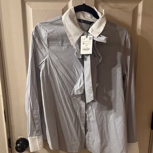 Zara women Light Gray Dress Shirt with White Contrast Collar & Cuffs